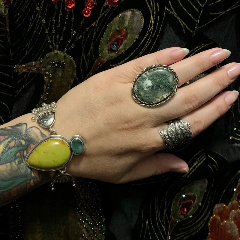 Huge Moss Agate Sterling Silver Ring New Artisan Handmade